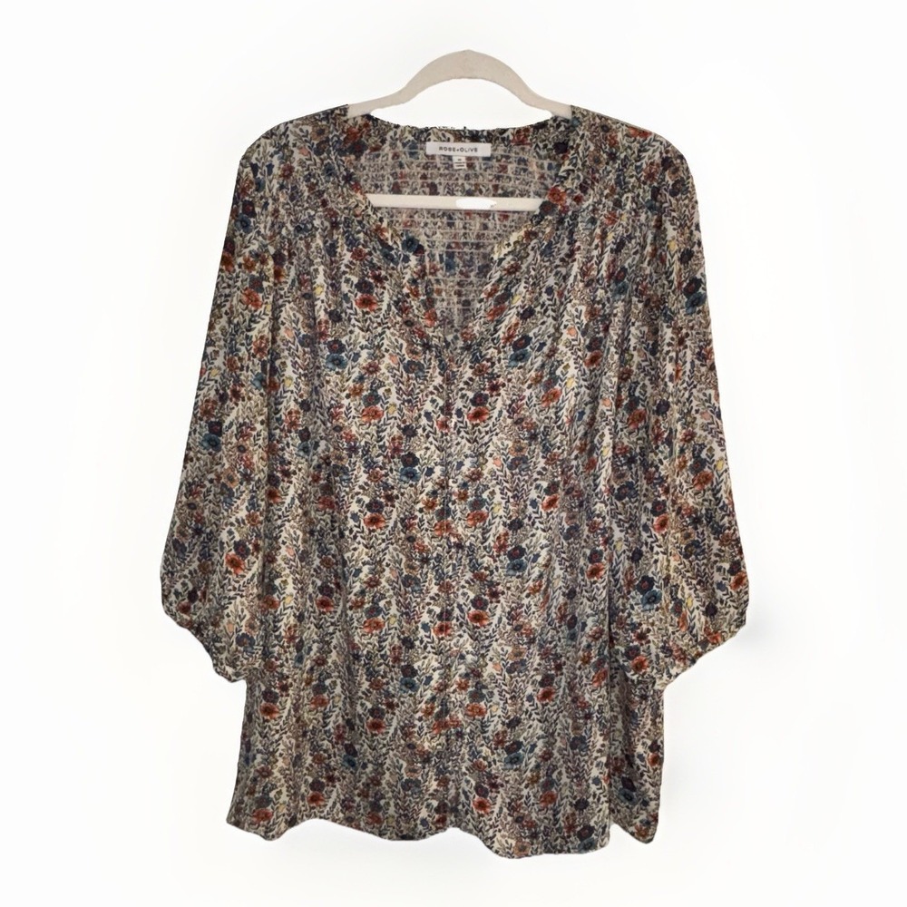 5/25 Rose & Olive Women 1X Floral Blouse Tunic Top Smocked Back 3/4 Sleeve